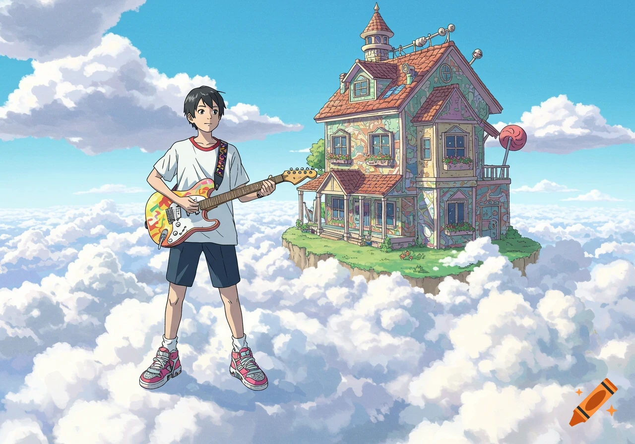 Anime style illustration of a boy with a colorful electric guitar standing on a cloud, next to a whimsical floating house in a bright blue sky.