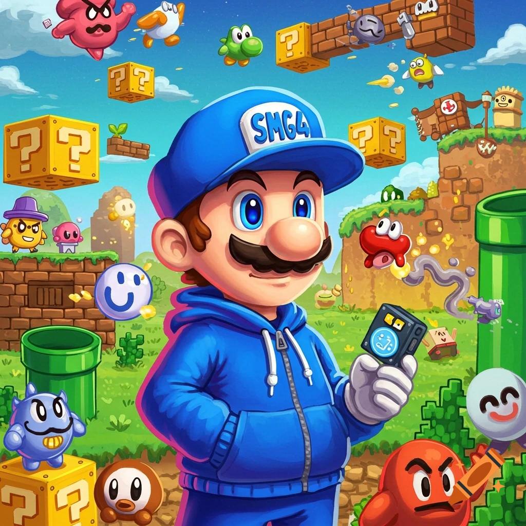 Cartoon Mario-like character in blue SMG4 cap and hoodie surrounded by colorful Super Mario characters and question blocks in a vibrant landscape.