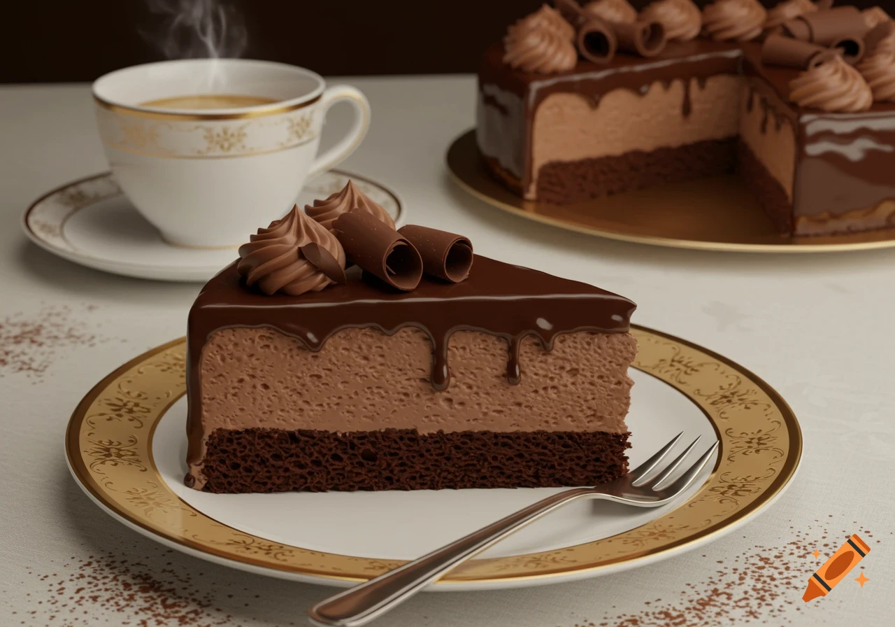 A photorealistic close-up of a slice of chocolate cake with ganache and chocolate curls, on a gold-rimmed plate next to a steaming coffee cup.