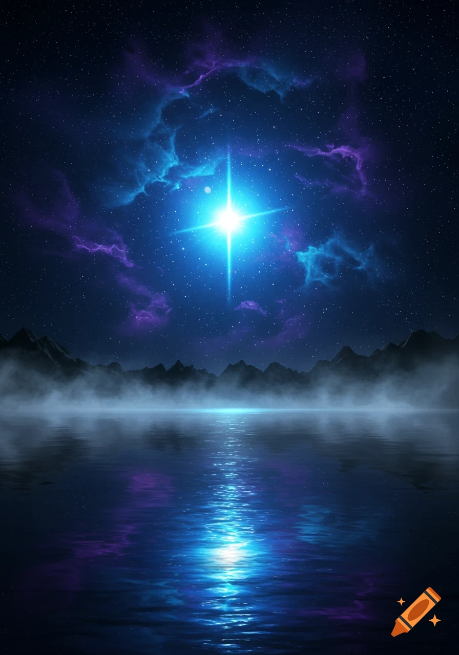 A brilliant blue star shines brightly over a calm body of water, with misty mountains and purple-blue nebulae in the dark night sky.