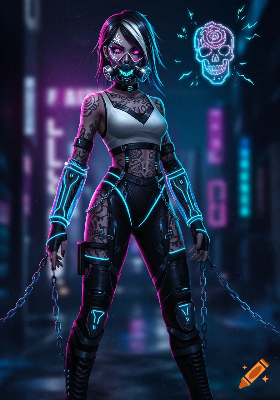 A woman in a cyberpunk outfit with a gas mask, chains, tattoos, and glowing neon accents stands against a blurred city background. A neon skull symbol floats above her.