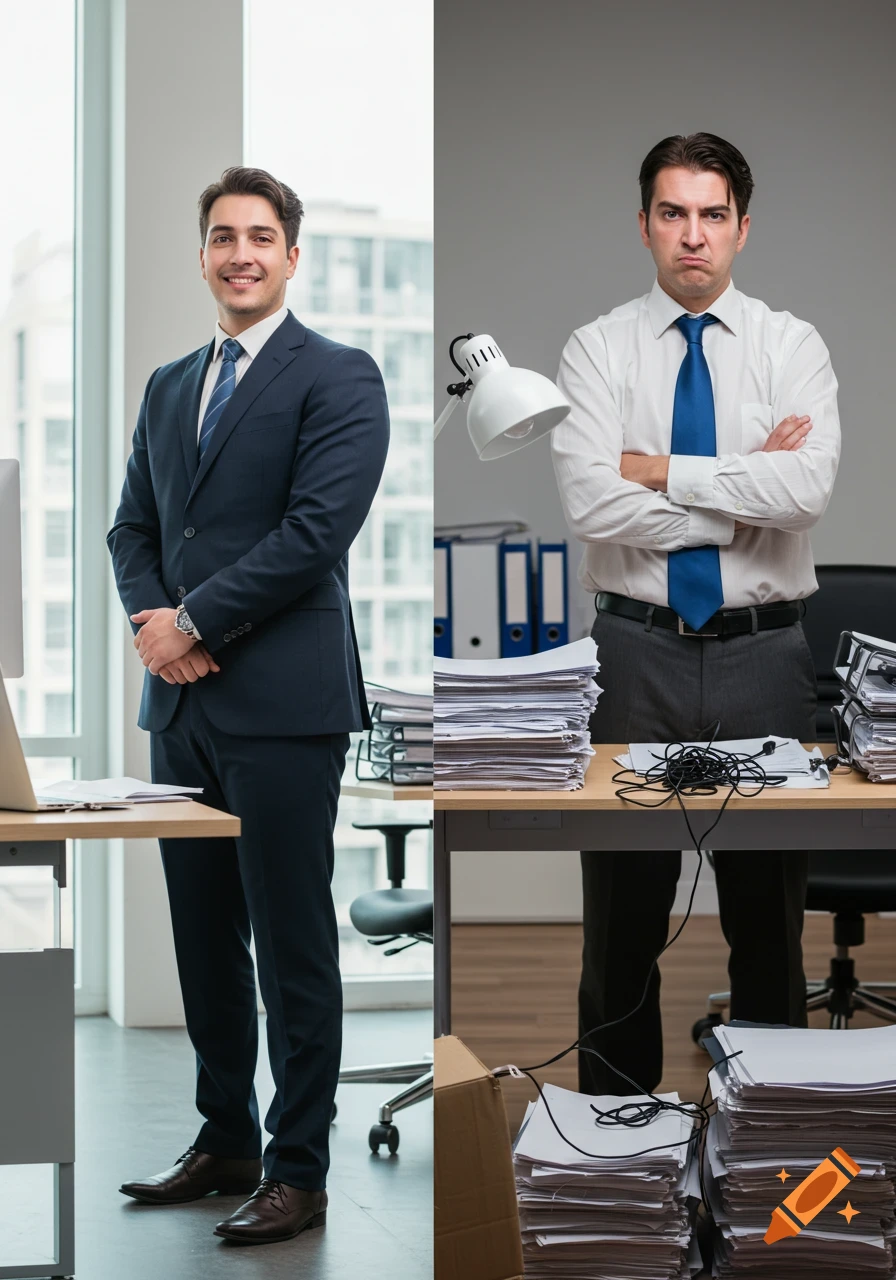 Split image shows a smiling, well-dressed manager in a tidy office on the left and a grumpy, disheveled manager in a cluttered office on the right.