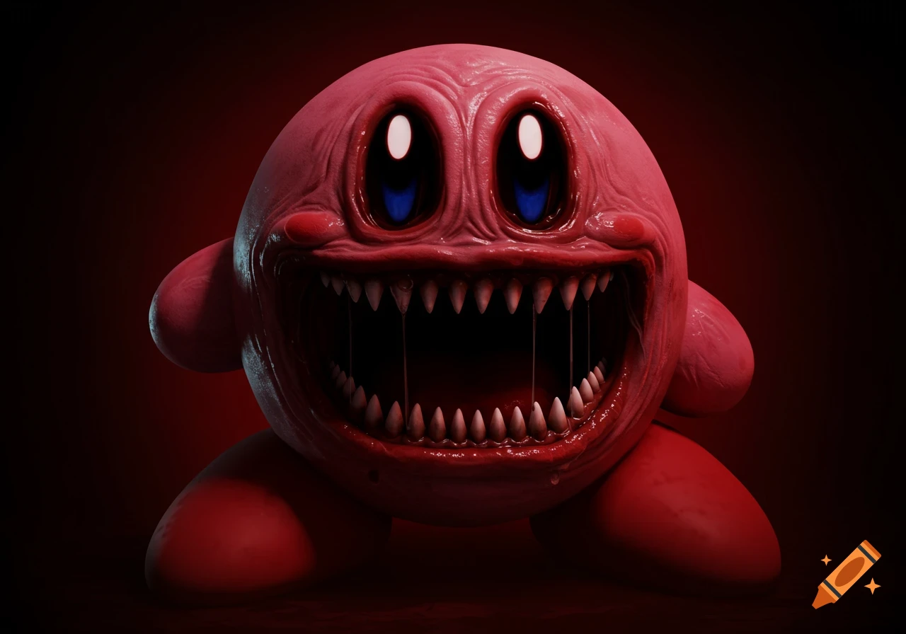 A photorealistic, creepy horror rendition of Kirby with a wrinkled pink face, wide eyes, a huge open mouth, sharp teeth, and drool.