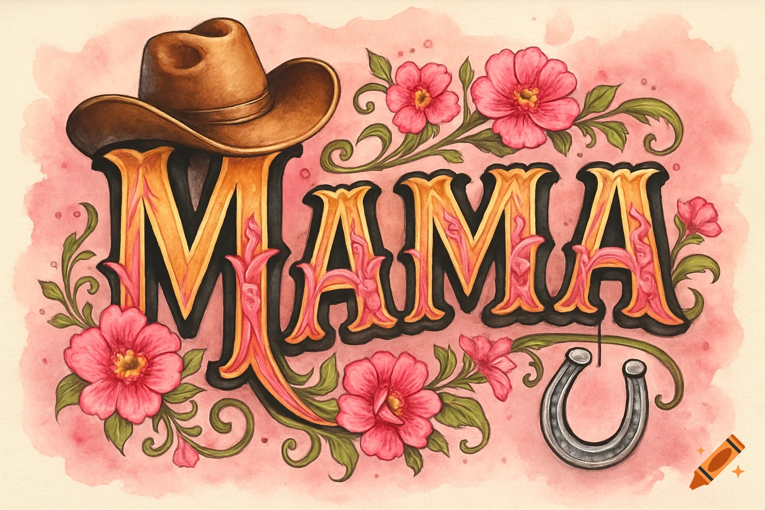 Watercolor illustration of the word 'MAMA' in western-style gold and pink lettering, adorned with a cowboy hat, pink flowers, and a horseshoe, on a pink background.