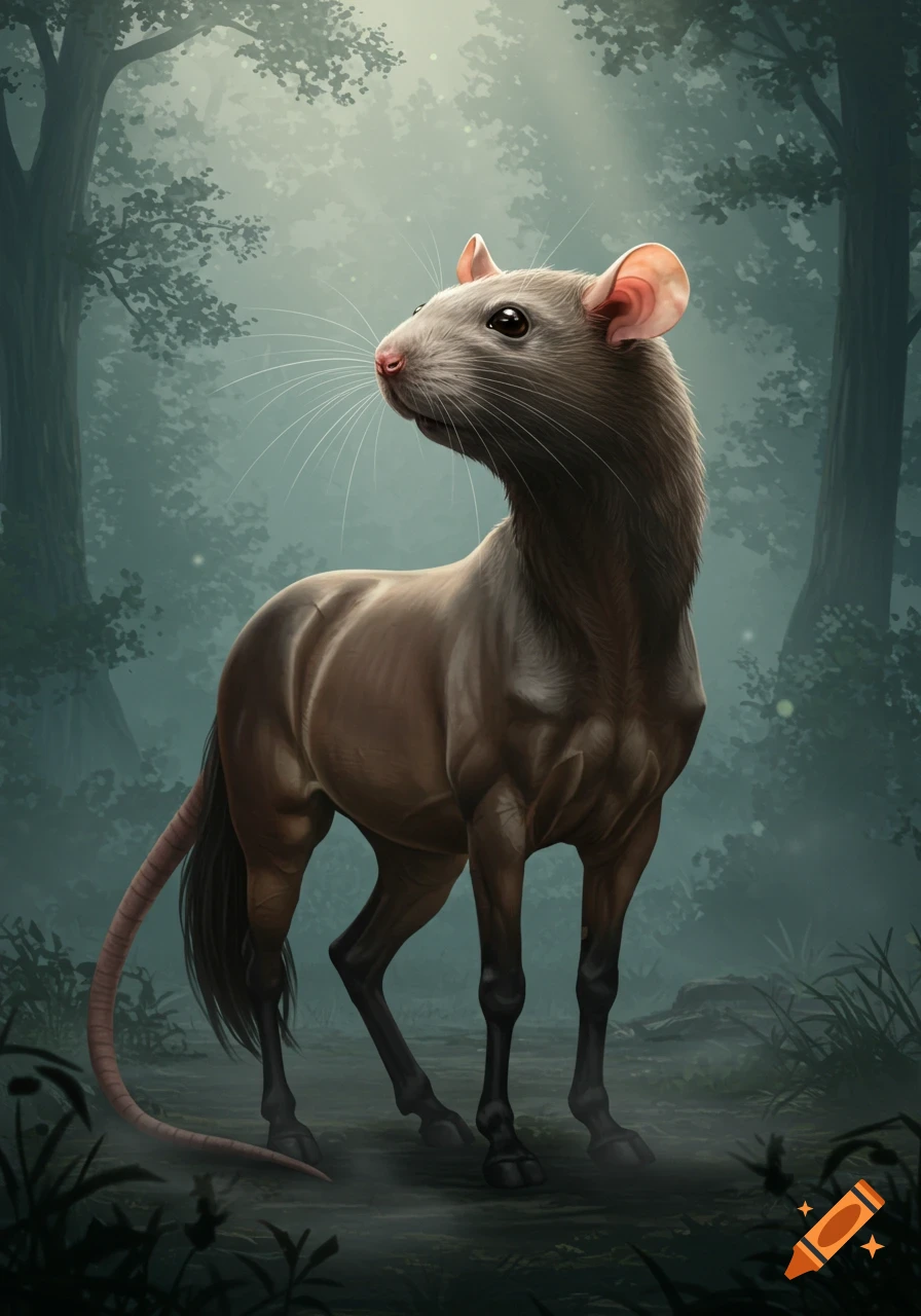 A fantastical creature with a rat's head and a horse's body stands in a misty forest, looking upwards.