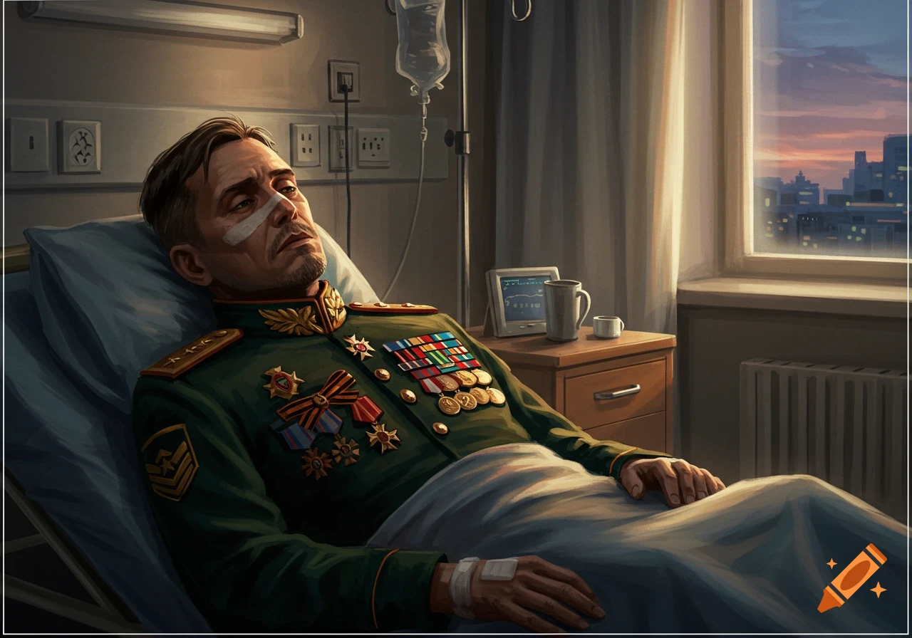 Illustration of an injured military man in uniform and medals, lying in a hospital bed with an IV drip and a city view at dusk.