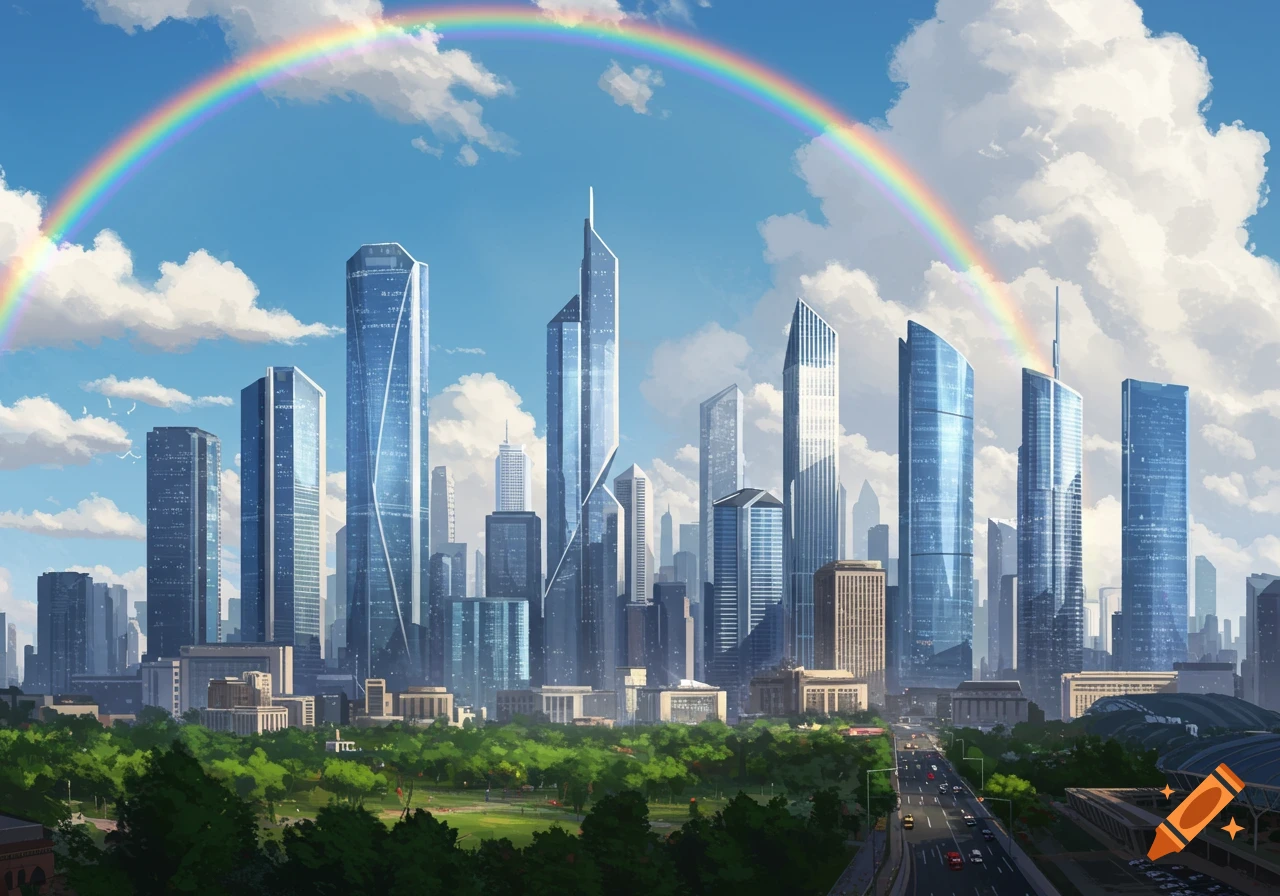 Vibrant cityscape with modern skyscrapers, a green park, and a road under a blue sky with a colorful rainbow.