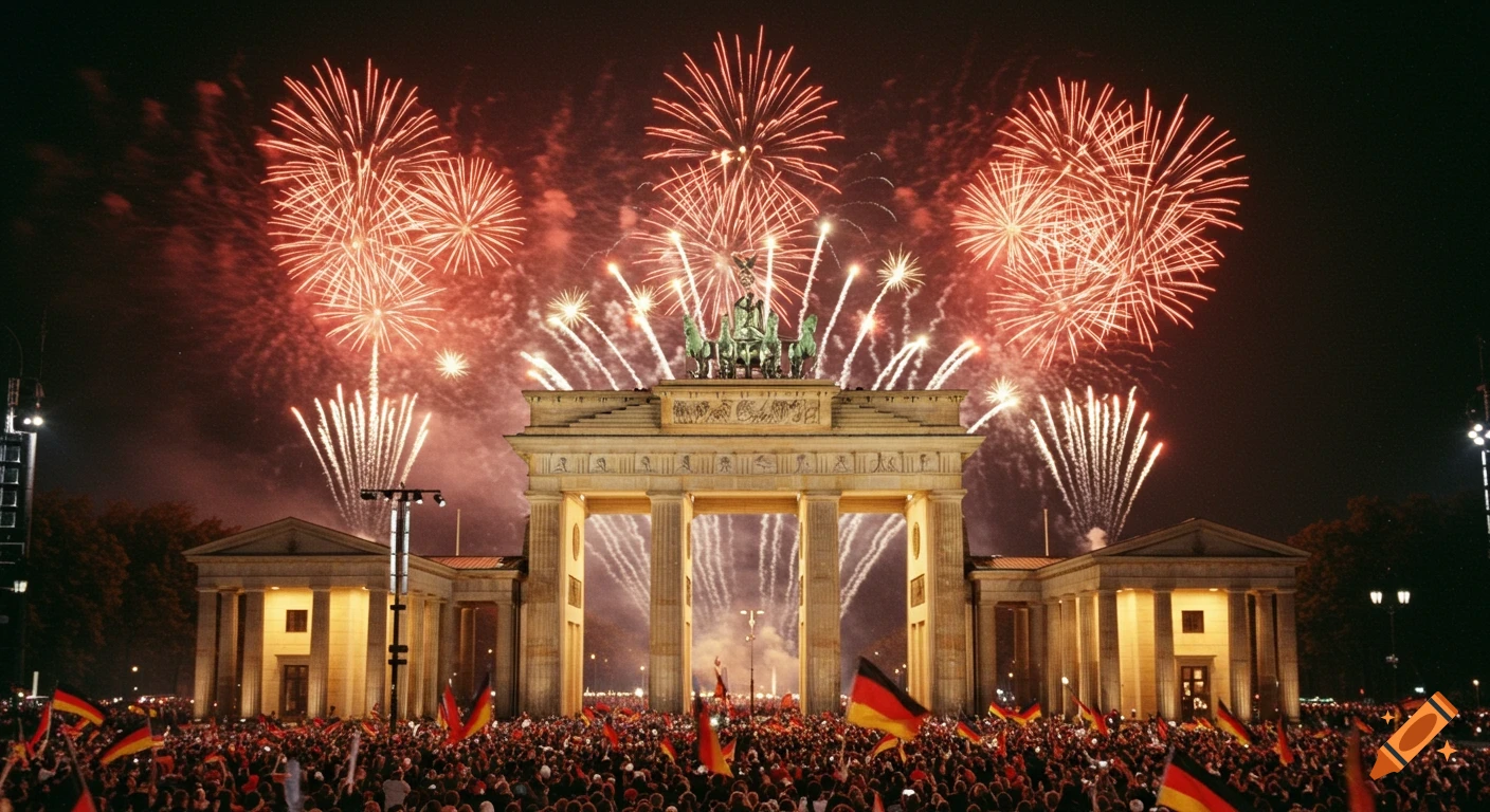 Massive crowd waving German flags at night in front of the Brandenburg Gate, with spectacular fireworks exploding in the sky.