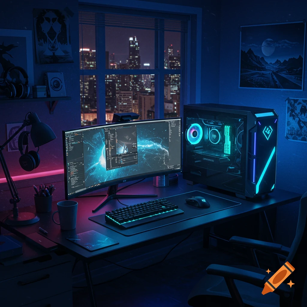 A neon-lit gaming setup at night with a curved monitor, mechanical keyboard, RGB PC, and city skyline view.