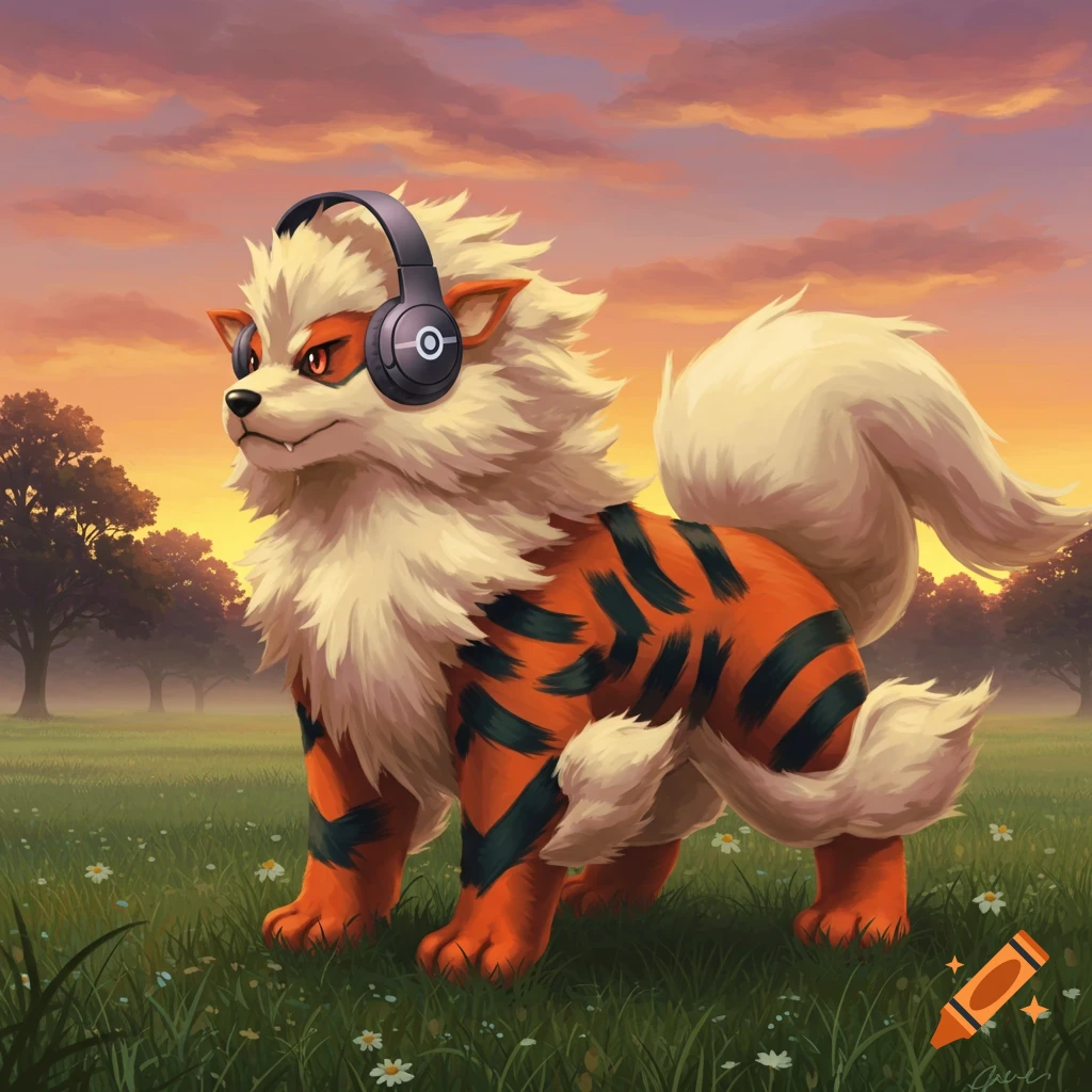 An illustrated Arcanine Pokémon wearing headphones stands in a green field with a sunset sky.