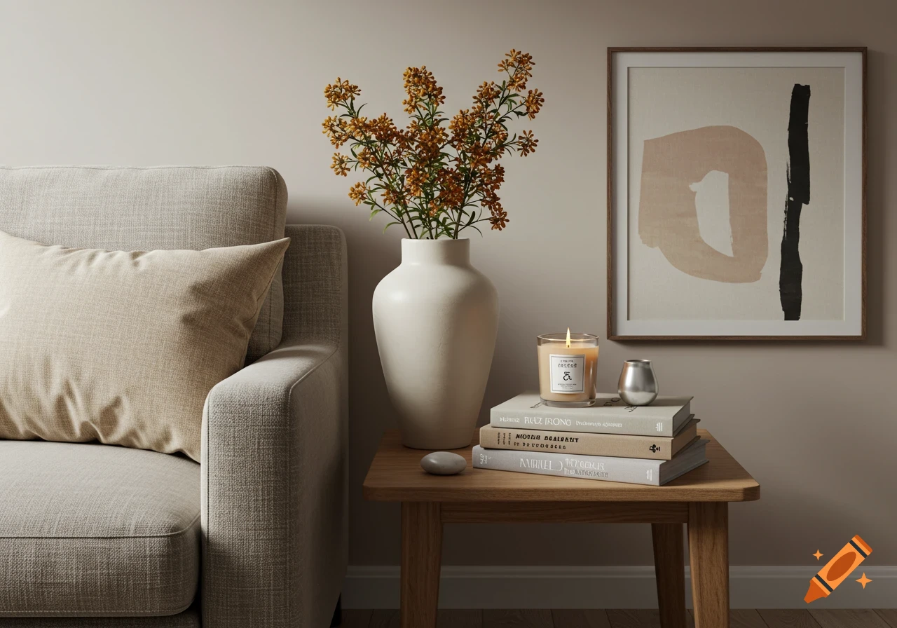 A close-up of a cozy living room corner with a sofa, a side table holding a vase with flowers, stacked books, a lit candle, and framed abstract art.