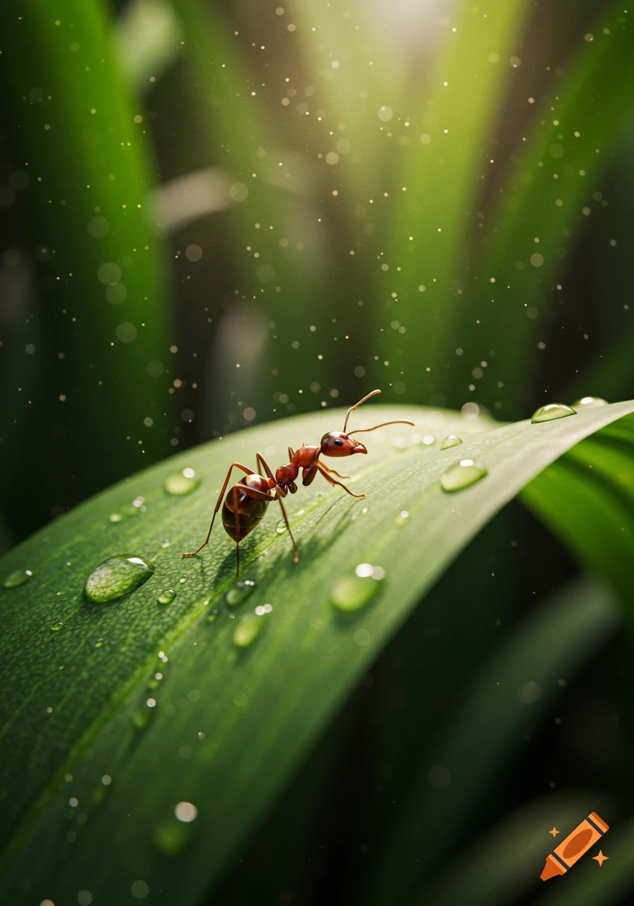 A close-up, photorealistic image of a reddish-brown ant on a vibrant green leaf covered in water droplets. Sunlight filters through the bokeh background.