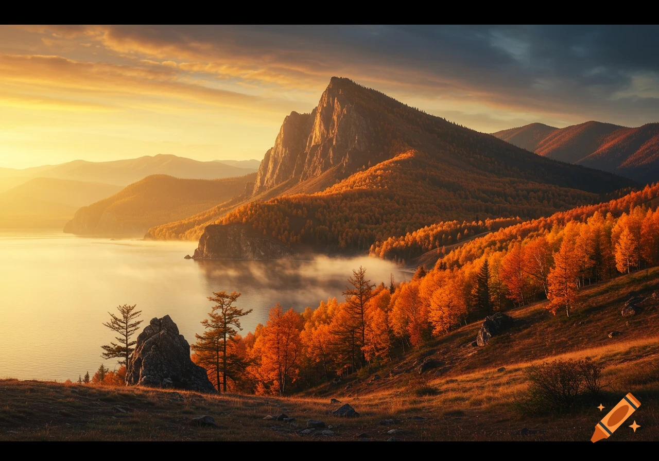 A stunning autumn landscape with mountains covered in golden trees, a tranquil lake with mist, and a vibrant sunrise sky.