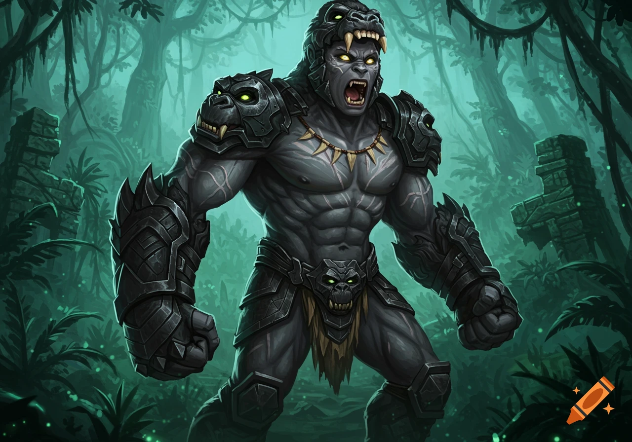 A muscular, armored gorilla-man with glowing eyes roaring in a dense, dark rainforest.