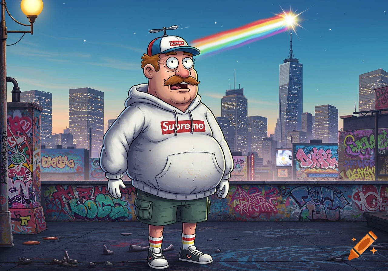 A cartoon man in a Supreme hoodie and propeller hat on a graffiti-covered city rooftop at sunset, with a rainbow beam shooting from his head to a skyscraper.