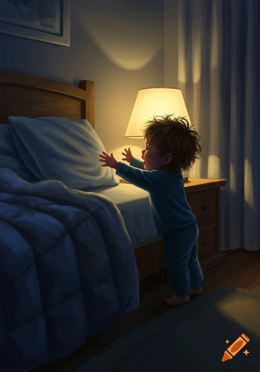 An illustration of a toddler in blue pajamas reaching up towards a glowing bedside lamp in a dark bedroom.