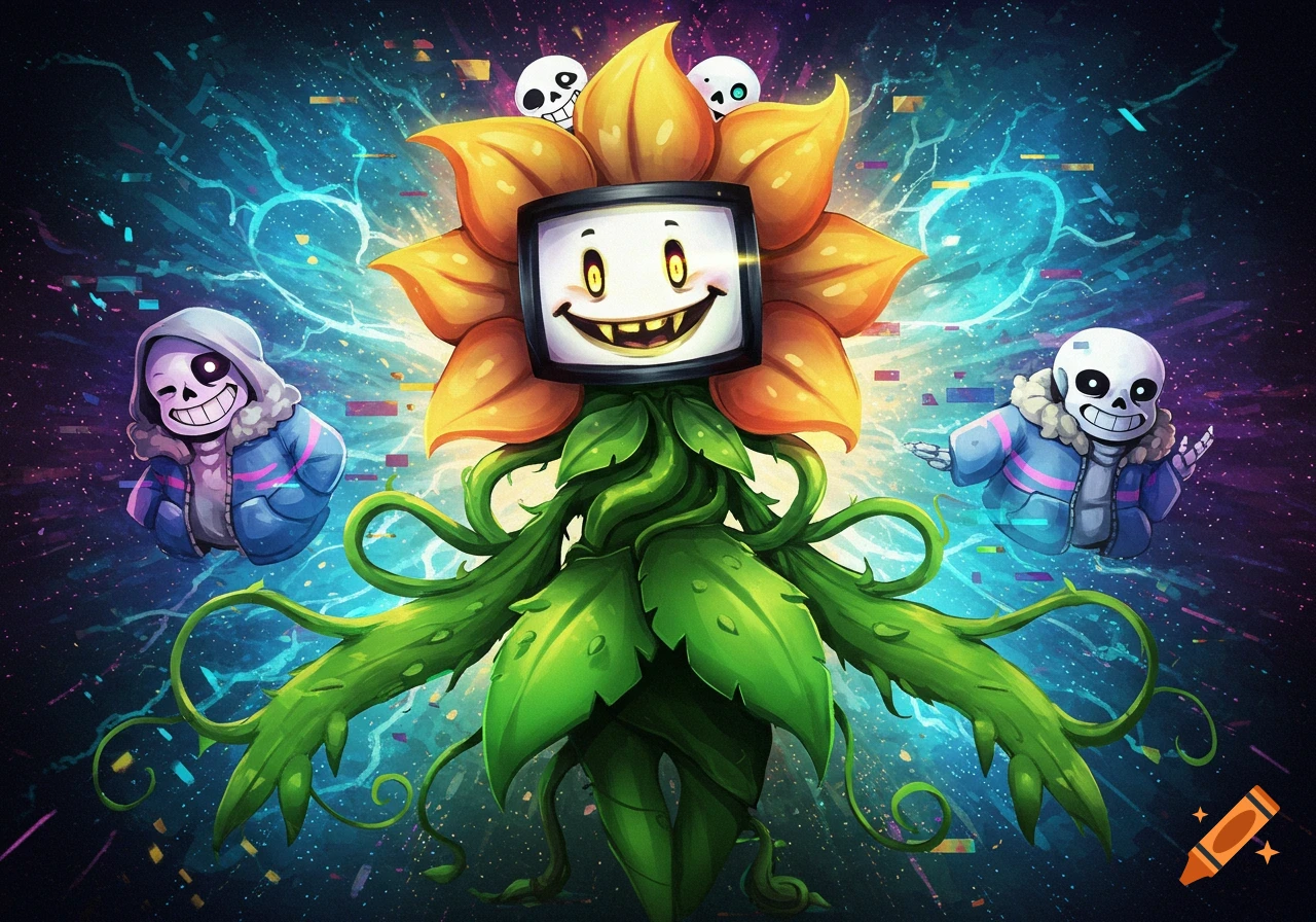 Digital art of Flowey, a sinister flower with a TV screen face, and two smiling Sans skeletons in a glitchy cosmic background.