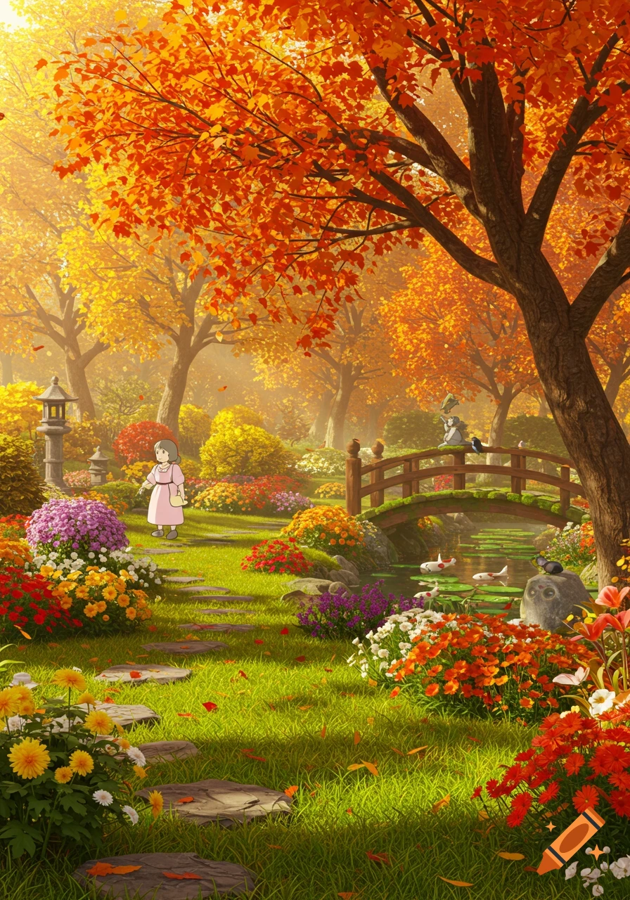 A child walks through a vibrant Studio Ghibli autumn garden with colorful trees, flowers, and a bridge over a pond.