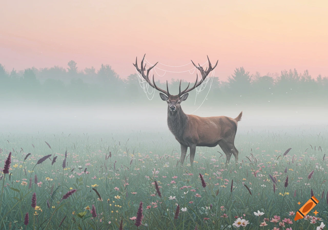 A majestic stag with spiderwebs on its antlers stands in a misty field of colorful wildflowers under a soft pink sky.