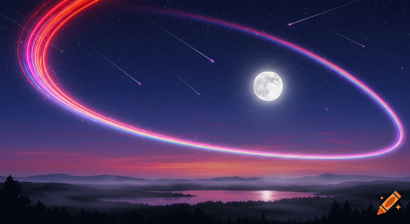 Vibrant night sky with a full moon, shooting stars, and a glowing rainbow-colored elliptical light trail over a misty mountain lake.