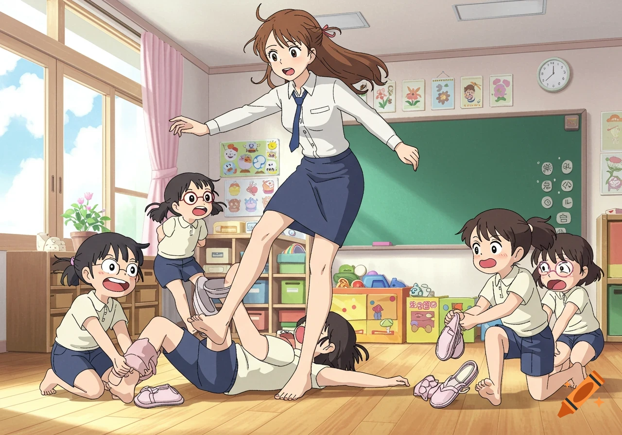 A tall, clumsy anime teacher falls in a colorful kindergarten as children help remove her shoes, Ghibli style.