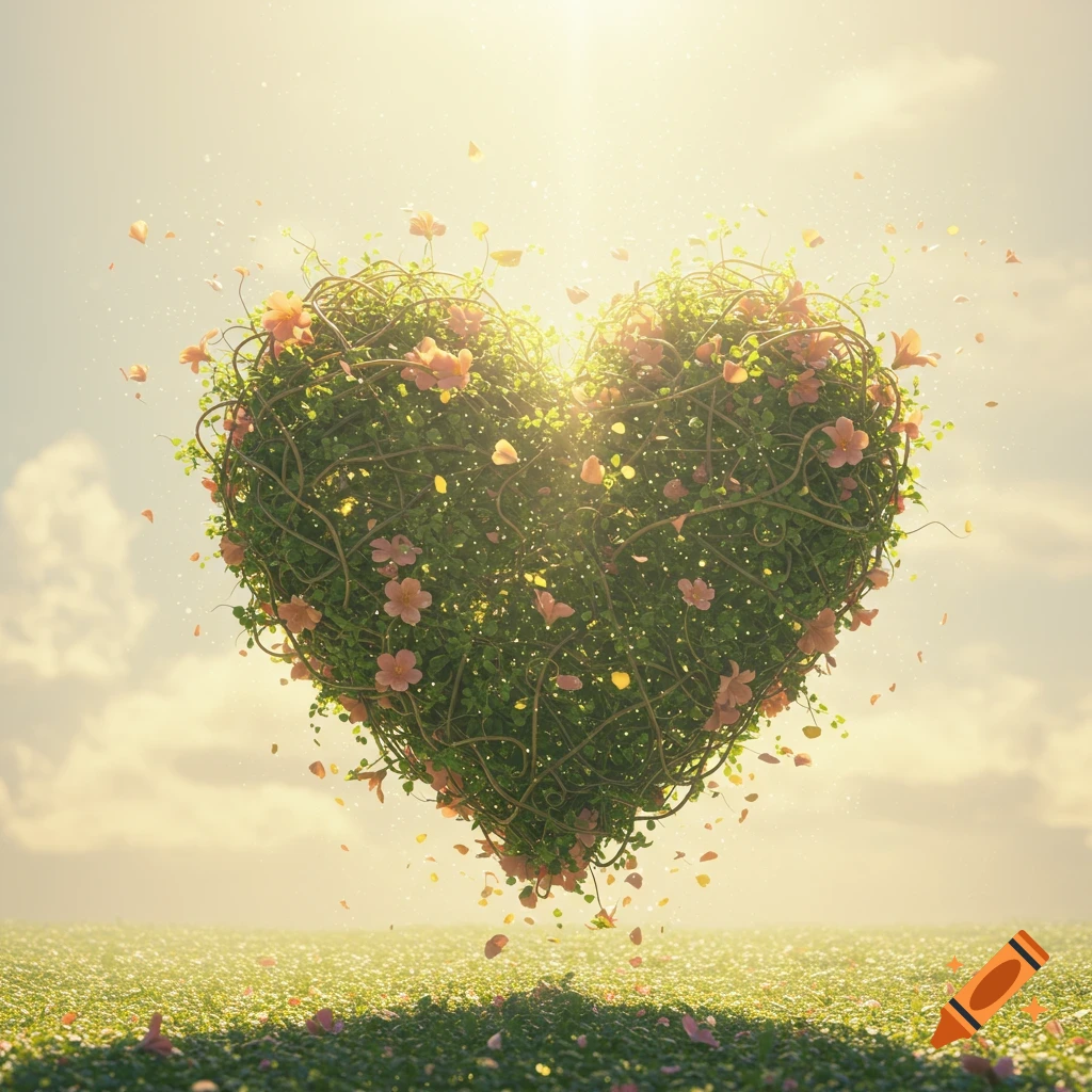 A vibrant heart-shaped bush with pink flowers and green vines, glowing with sunlight in a field under a soft sky.