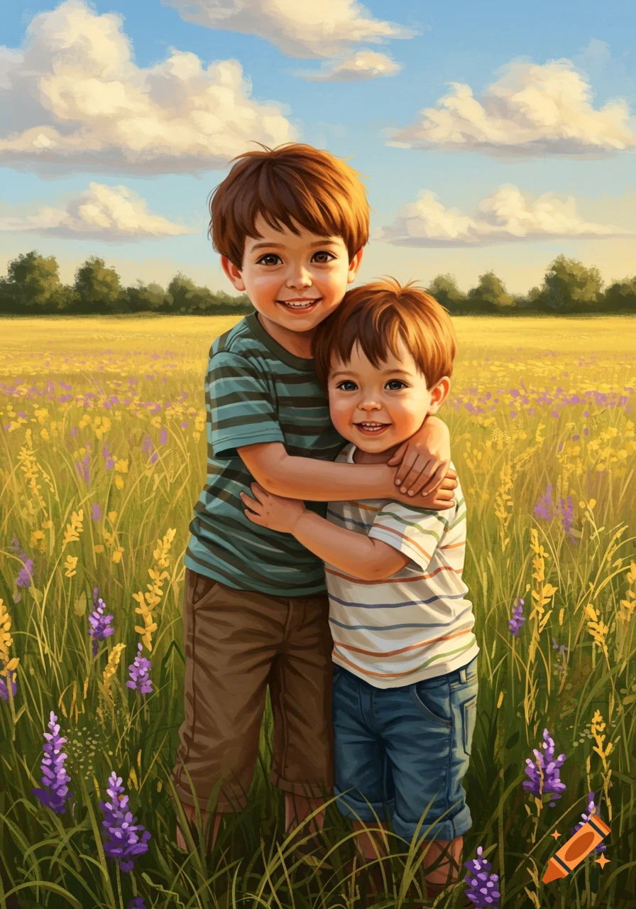 Two smiling young boys, one older and one younger, hug in a sunlit field of yellow and purple flowers under a blue sky.