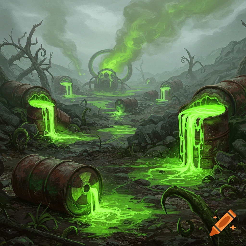Dark, desolate landscape with rusty barrels spilling glowing green toxic waste into murky water under a hazy, polluted sky.