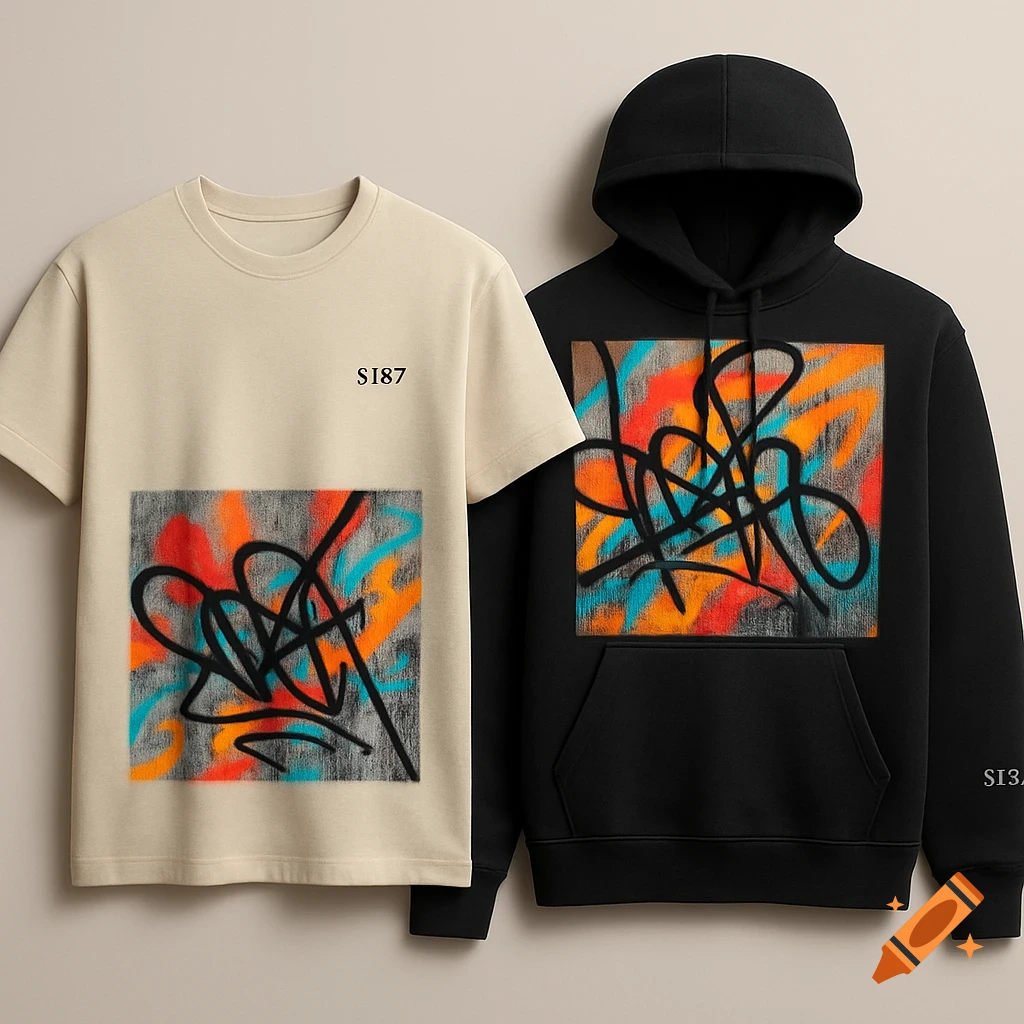 A beige t-shirt with the text S187 and a black hoodie, both featuring colorful abstract graffiti designs.