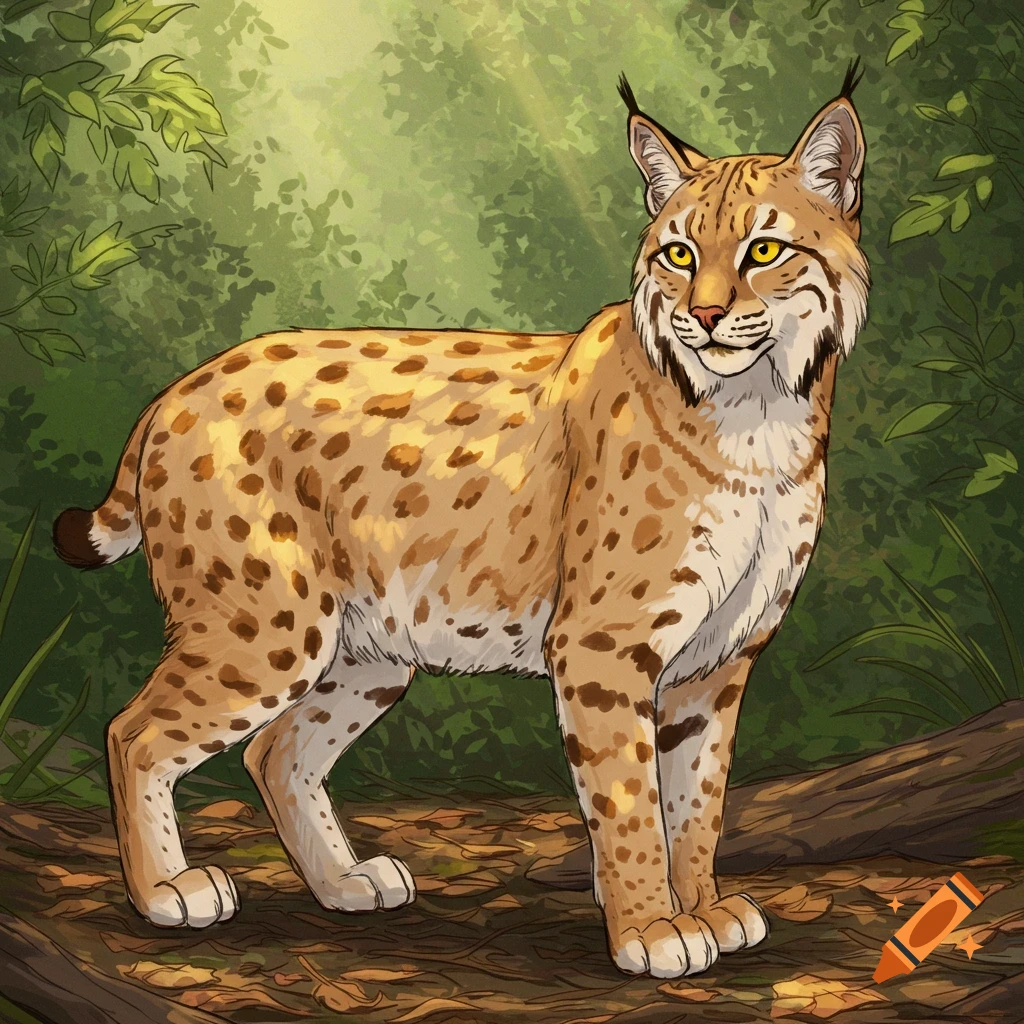 An illustrated bobcat stands in a sunlit forest, looking right.