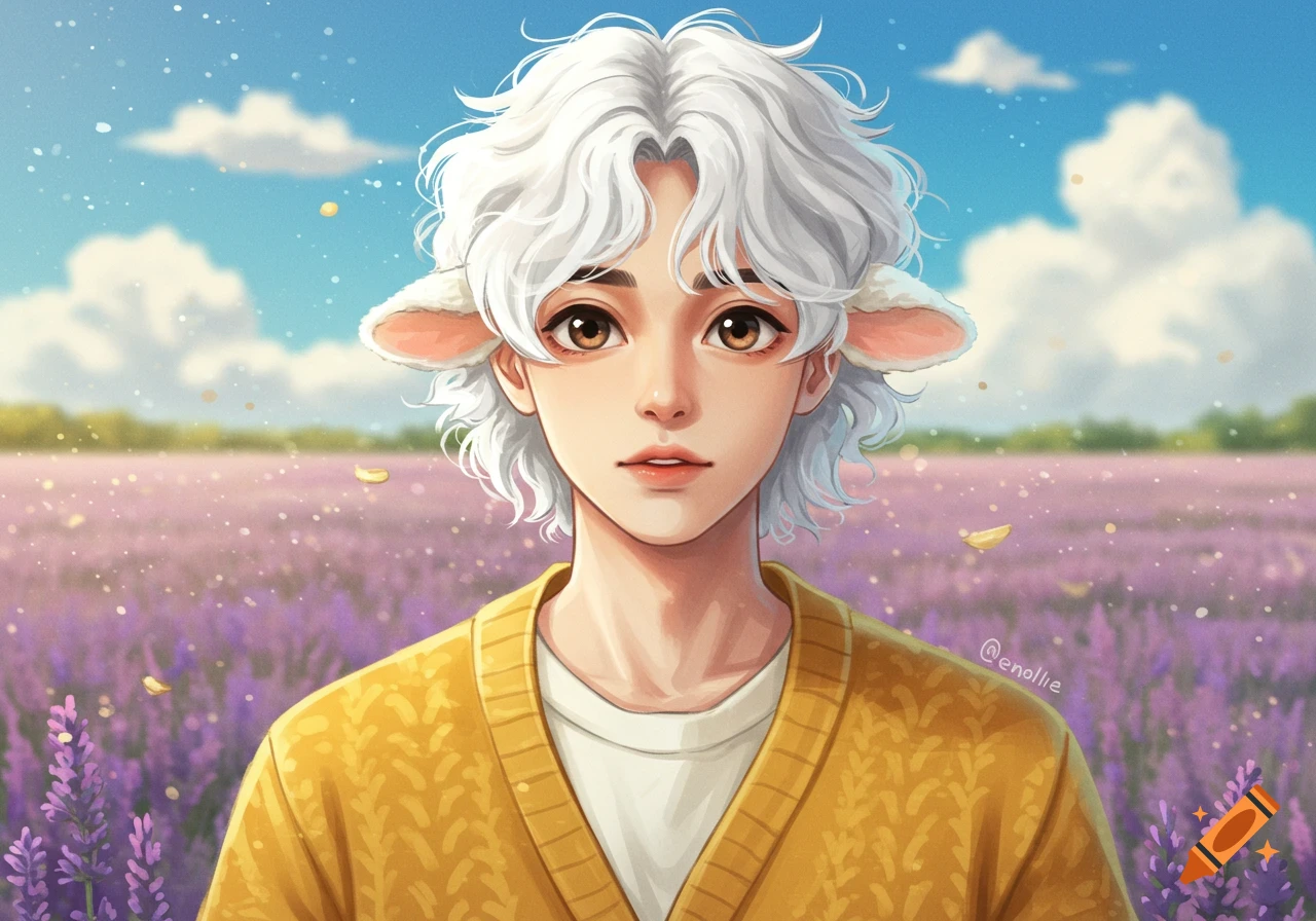 Anime character with white curly hair, sheep ears, and yellow cardigan in a vibrant purple lavender field under a blue sky.