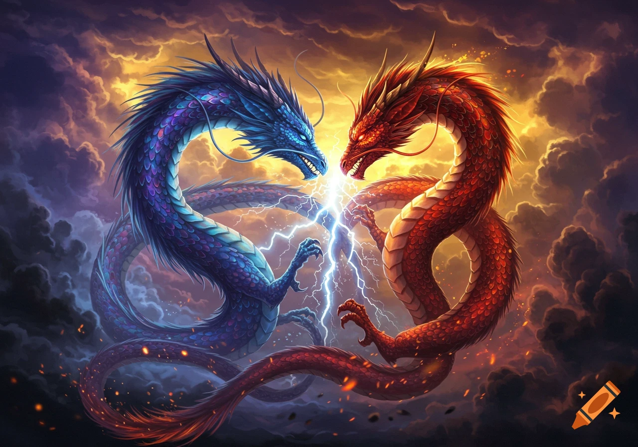 Two stylized dragons, one blue and one red, face each other with lightning between them under a dramatic cloudy sky.