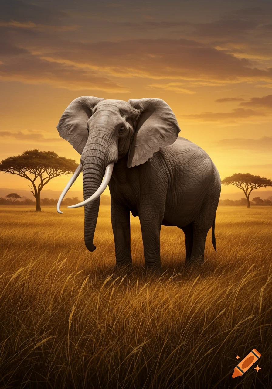 A majestic elephant stands in a golden grassy savanna under an orange sunset sky with acacia trees in the distance.