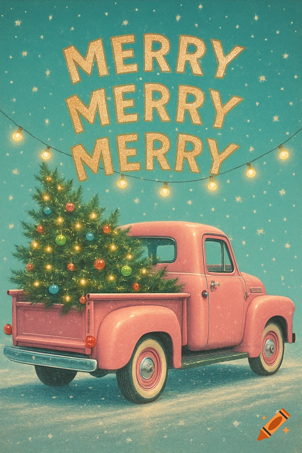 Vintage illustration of a retro pink truck carrying a Christmas tree, string lights, and 'MERRY MERRY MERRY' text on a snowy teal background.