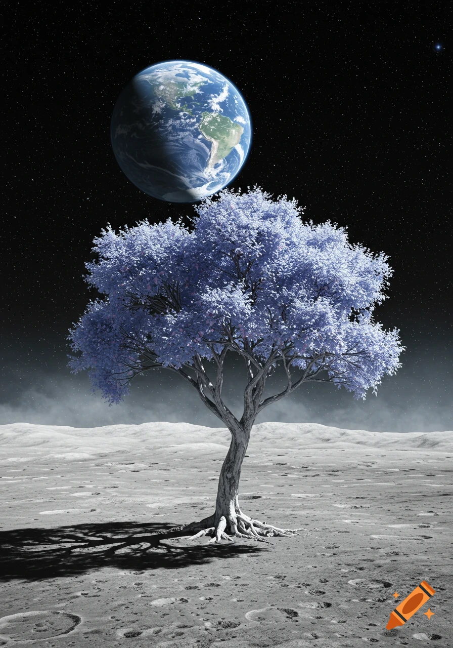 A vibrant blue-leafed tree stands on the cratered lunar surface under a starry sky, with Earth glowing prominently above.