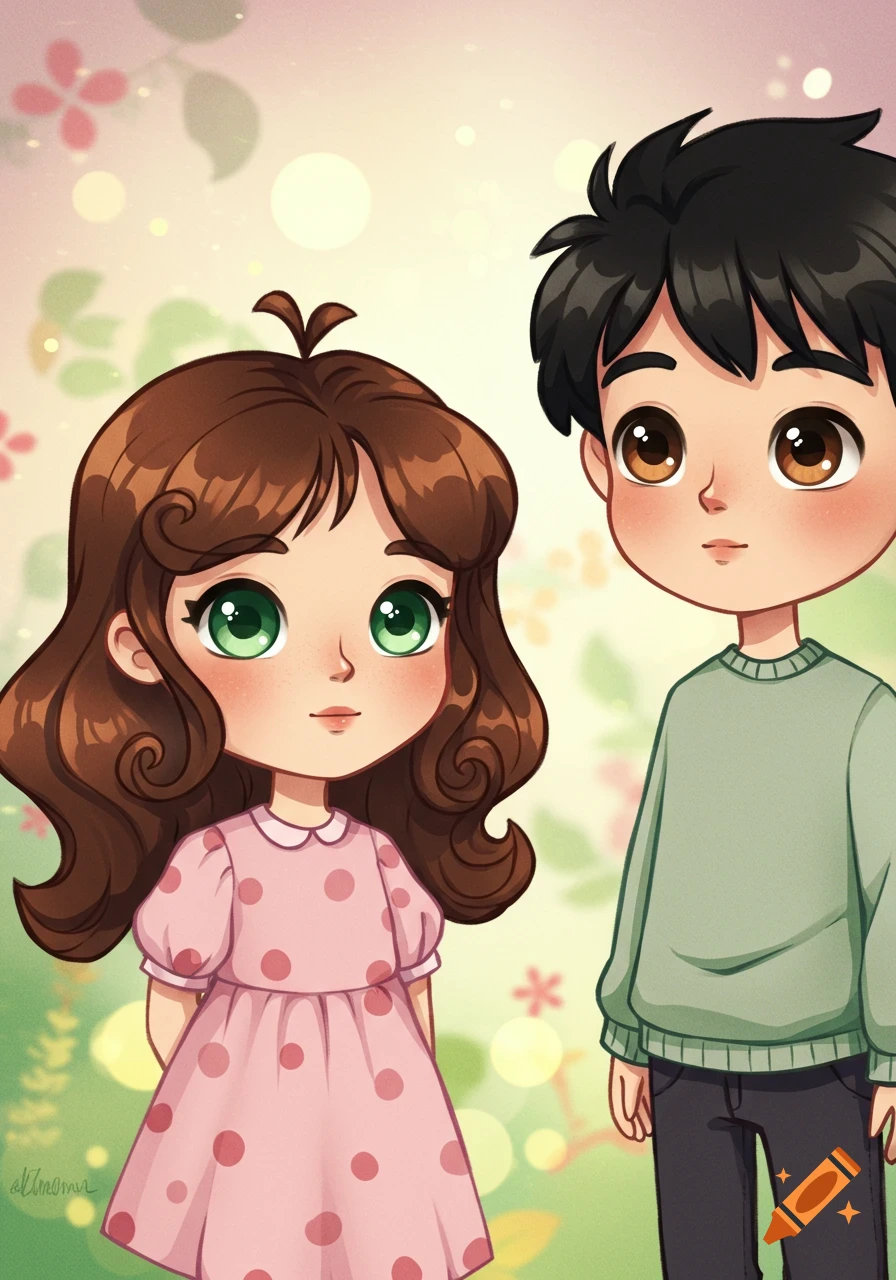 A cute cartoon girl with brown hair and green eyes stands next to a boy with black hair and brown eyes. They look forward against a soft, blurry green background with pink flowers.