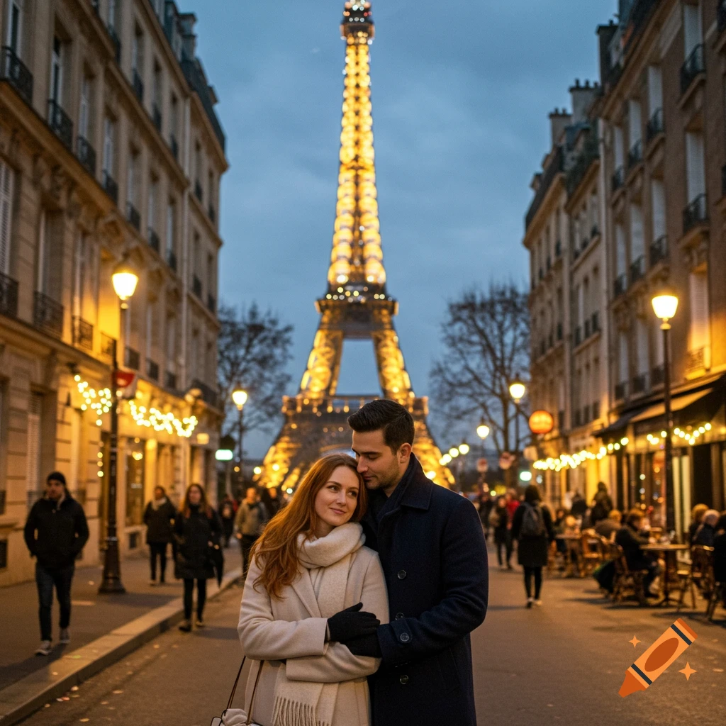 A romantic couple embraces on a Parisian street at dusk, with the illuminated Eiffel Tower in the background.