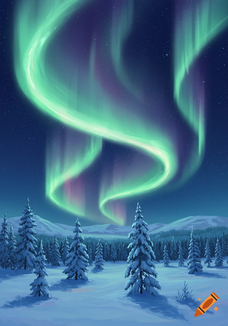 Illustrative image of vibrant green and purple aurora borealis over a snowy forest with pine trees and distant mountains.