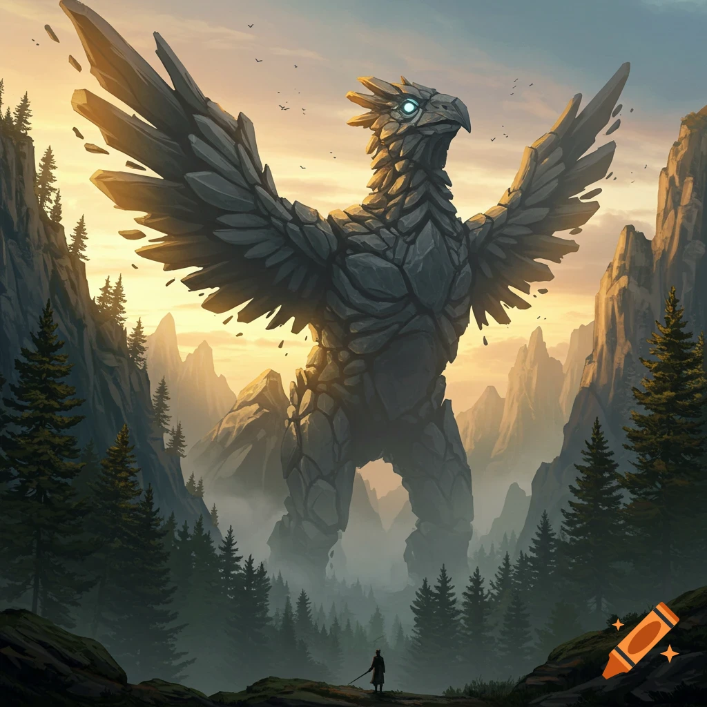 A colossal stone bird-like creature stands in a misty mountain forest as a small human looks up.