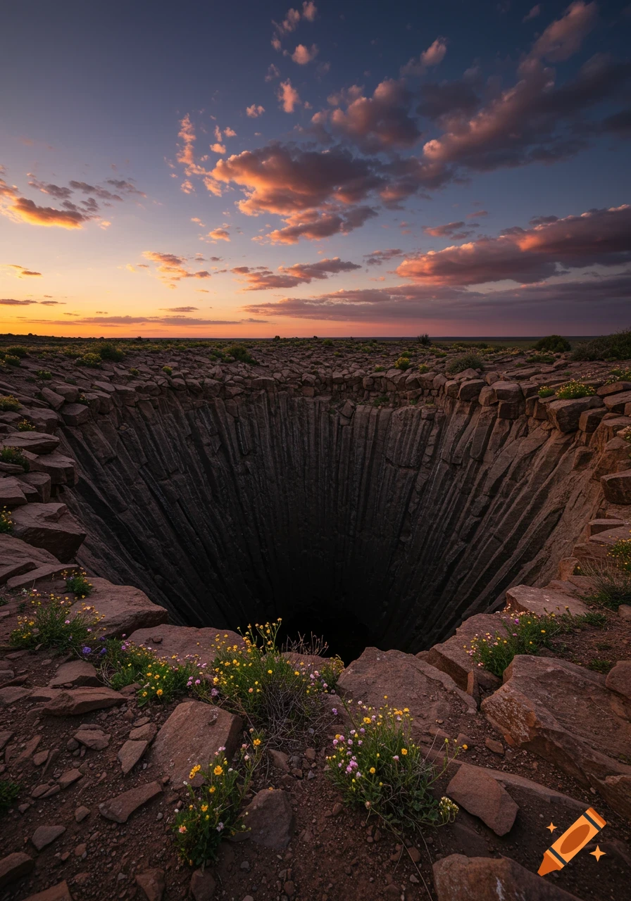 Deep sinkhole with vertical basalt column walls and sparse wildflowers at the rocky rim, under a dramatic sunset sky.
