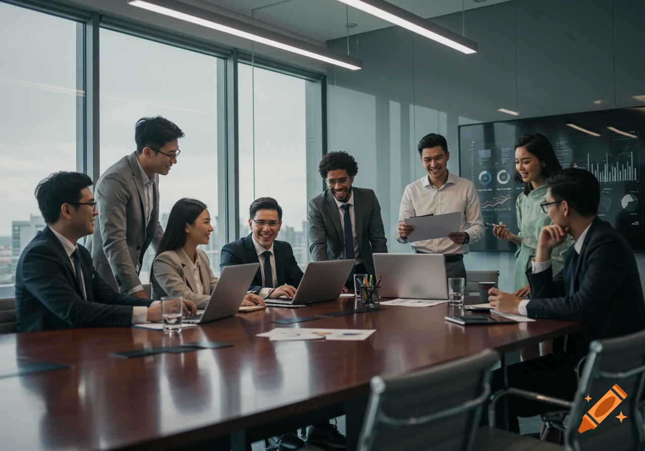 Diverse business team in a modern conference room, smiling and collaborating during a meeting.