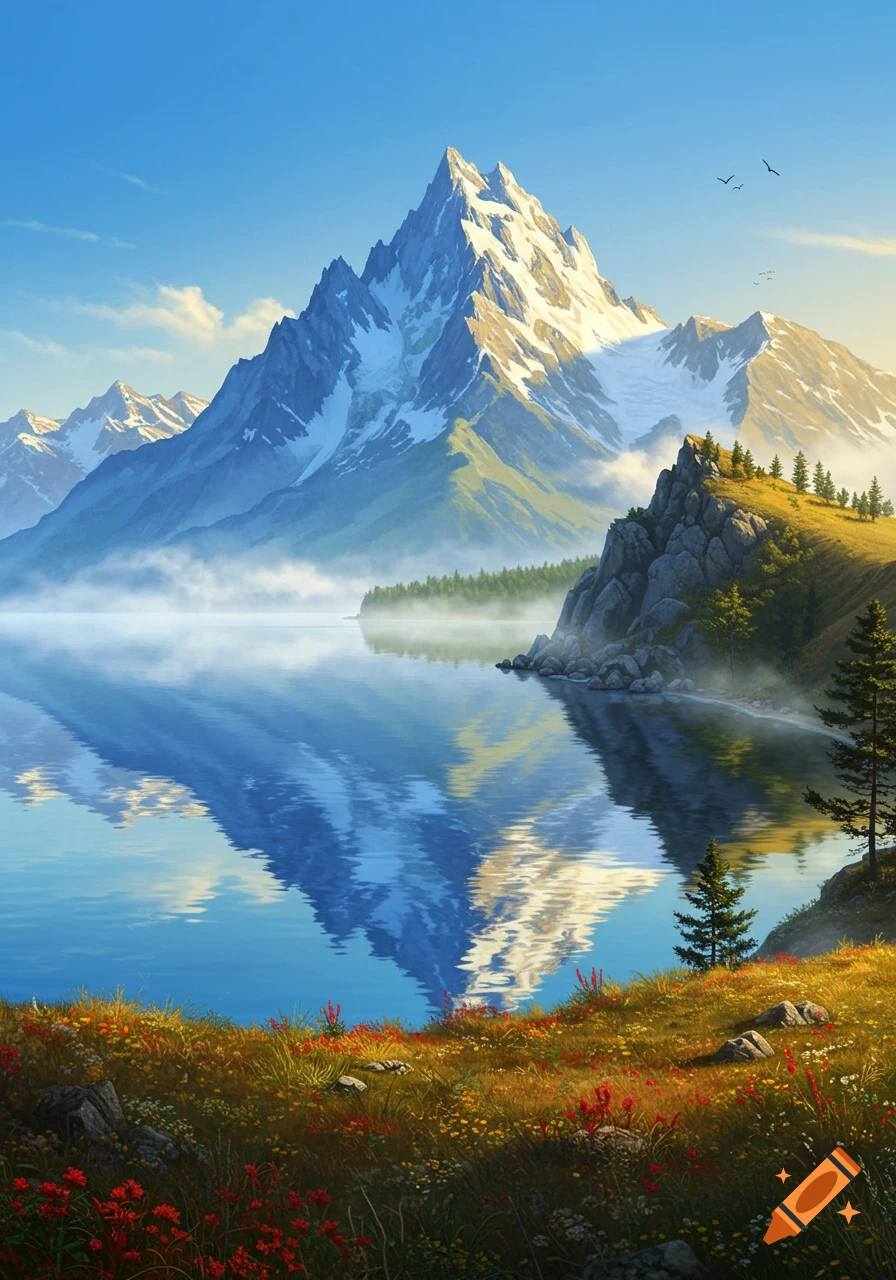 Majestic snow-capped mountains reflect in a calm lake with wildflowers in the foreground under a clear blue sky.