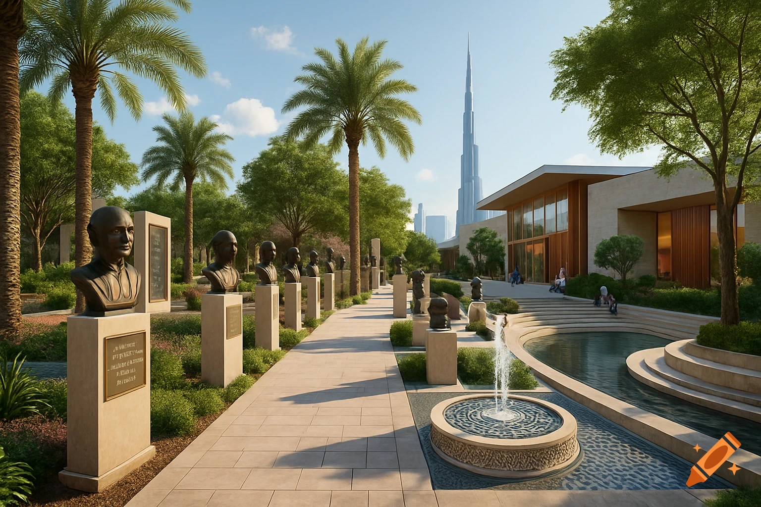 A modern cultural garden in Dubai with a row of bust sculptures on pedestals, a fountain, and a contemporary building with the Burj Khalifa in the background. Palm trees line the path.