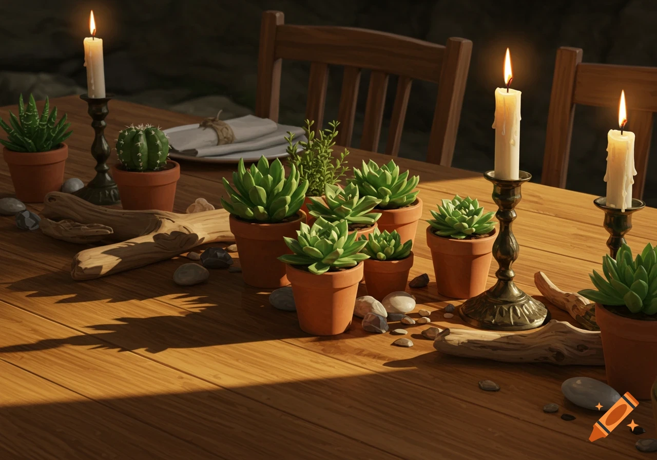 A warm, natural still life of a wooden dining table adorned with various potted succulents, candles in brass holders, decorative pebbles, and driftwood, creating a cozy ambiance.