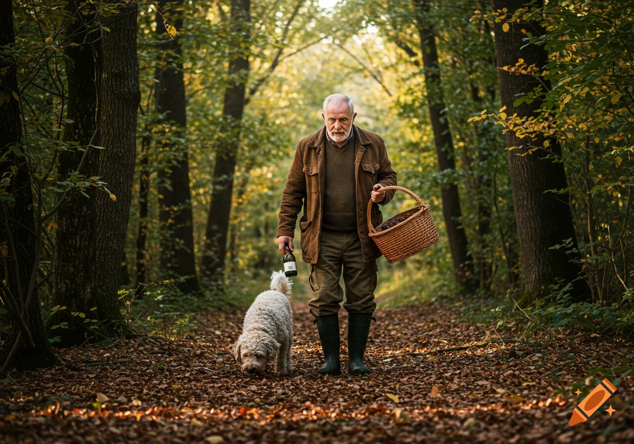 Elderly man with a white dog and a basket walks through a sunny autumn forest, holding a bottle of wine.