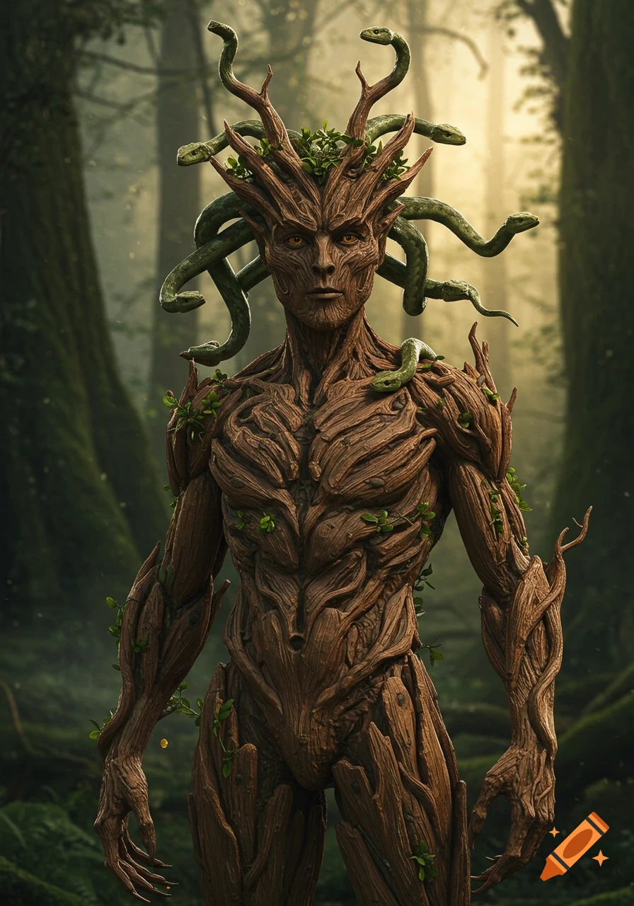 A photorealistic, cinematic image of a male hybrid creature with tree bark skin and snakes for hair, standing in a misty forest.