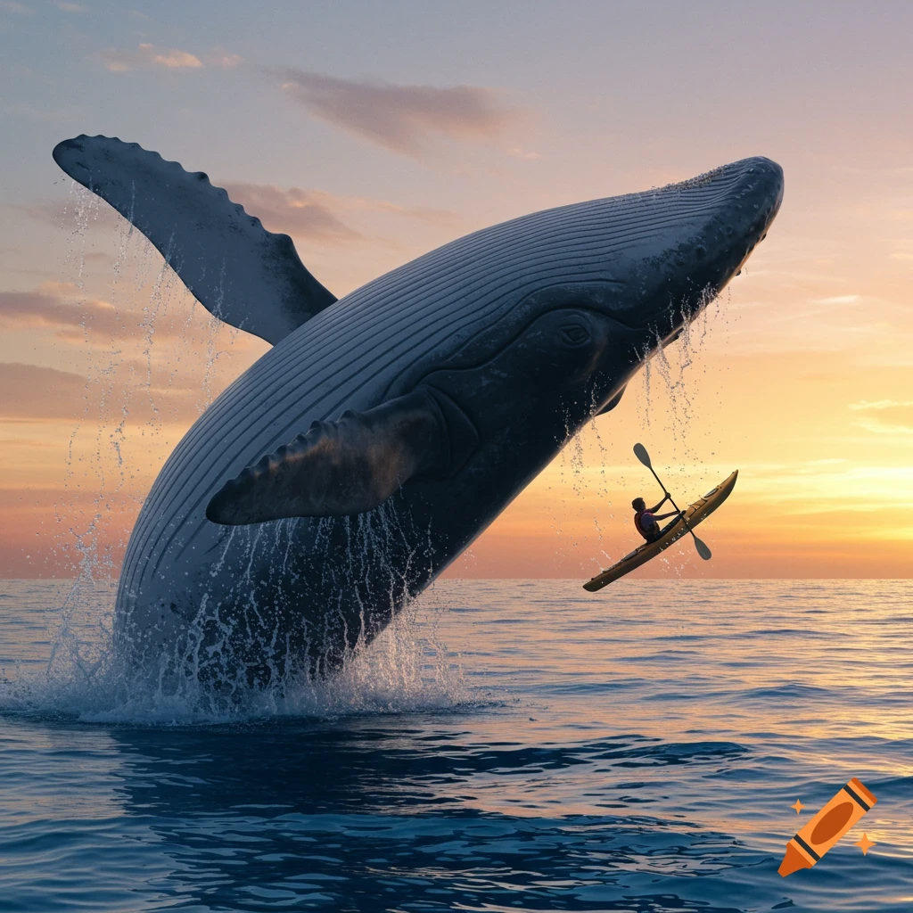 A large whale breaches out of the ocean next to a small kayaker at sunset.