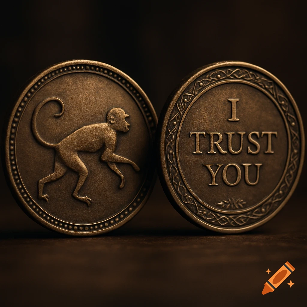 Close-up of two bronze coins; one with a monkey silhouette, the other embossed with 'I TRUST YOU'.