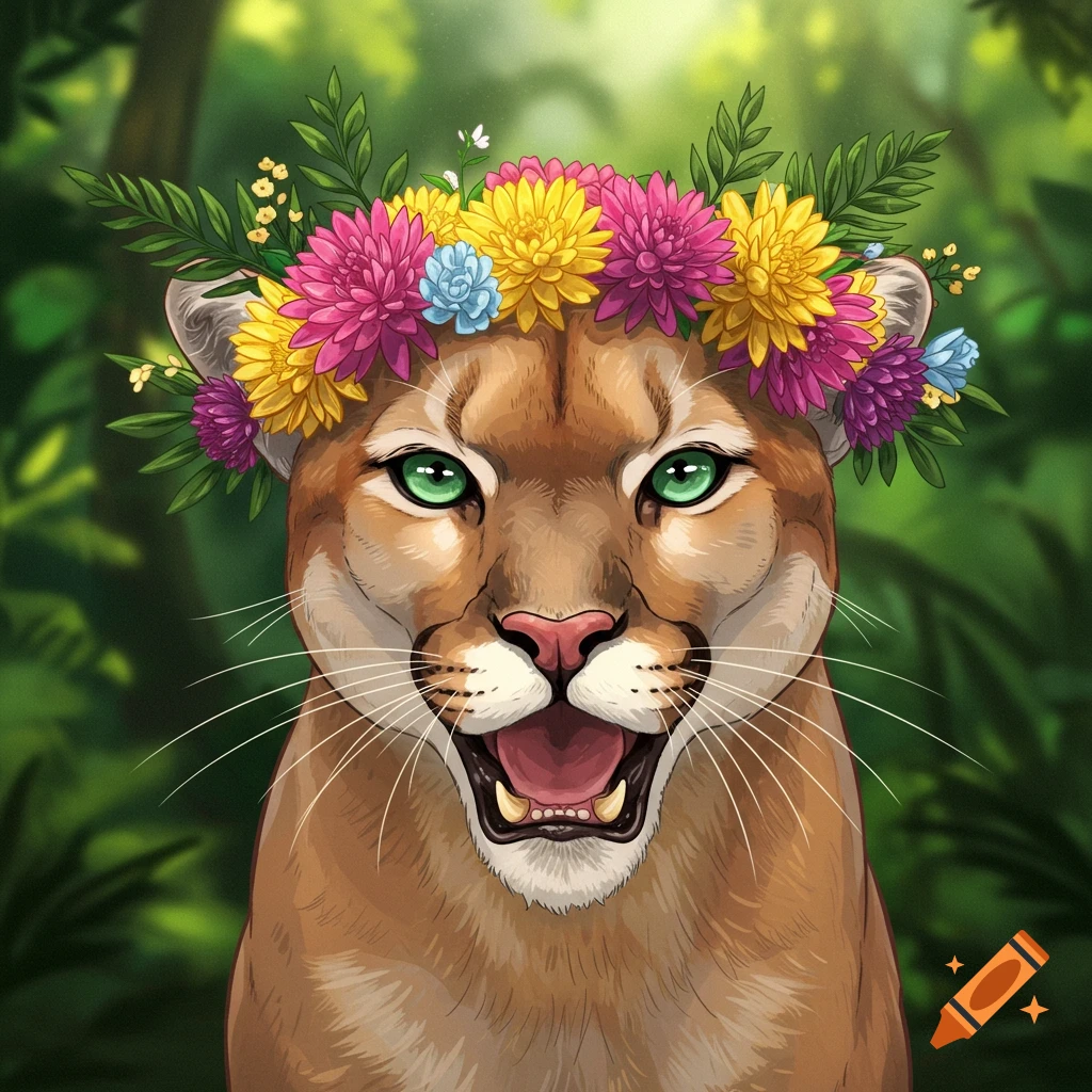 A roaring cougar head with bright green eyes wearing a colorful flower crown in a lush green jungle.