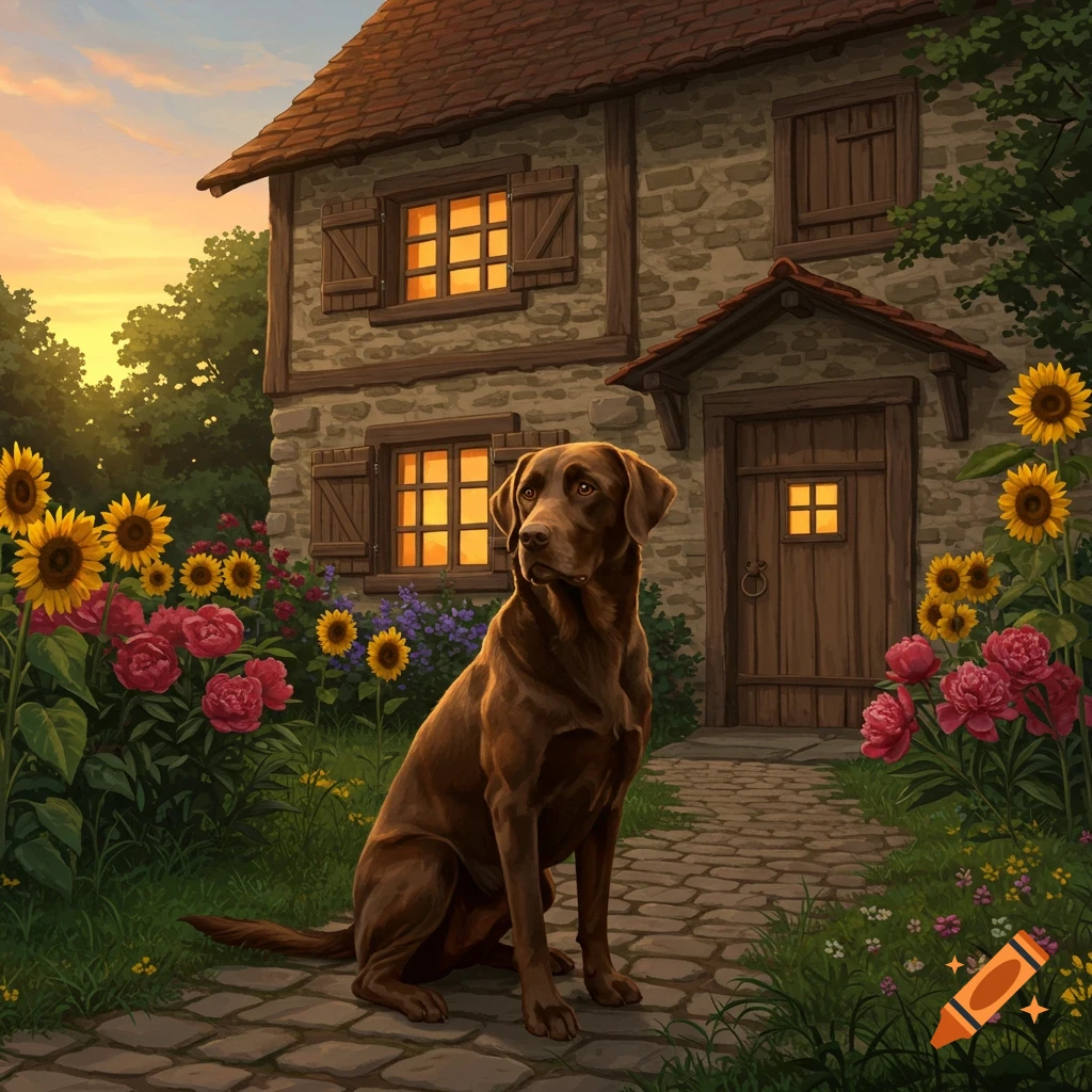 A brown Labrador sits on a stone path in front of a cozy stone cottage, surrounded by colorful sunflowers and pink peonies at sunset.